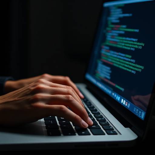Close-up of hands typing code on a laptop in a dimly lit room..