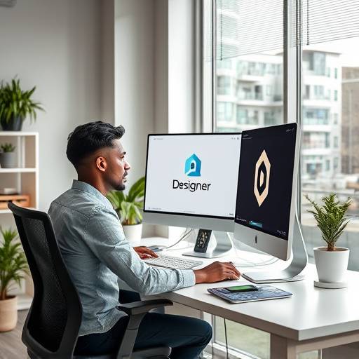 Designer using a modern workstation to design a logo.