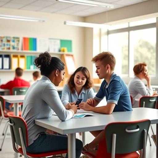 Group of students collaborating in a bright, modern classroom setting.